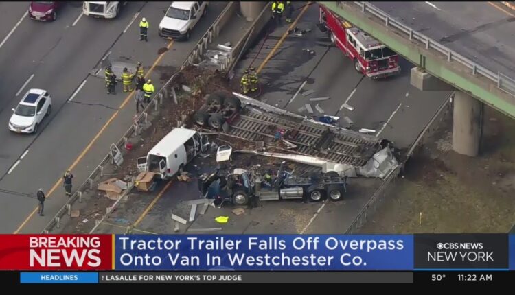 Tractor-Trailer crashes onto van after falling off overpass