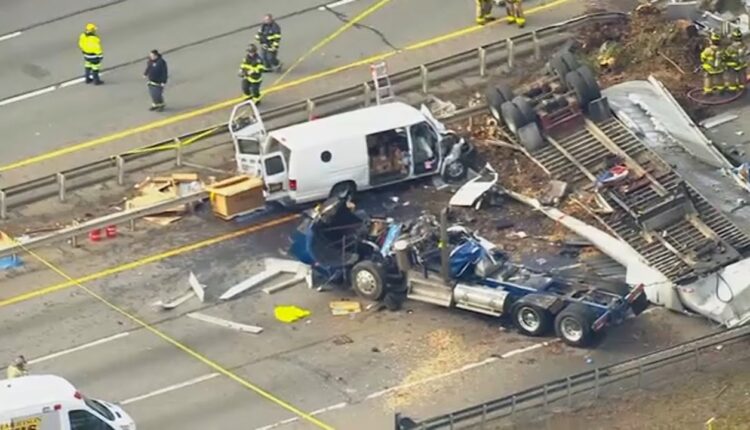 Tractor-trailer falls from highway overpass onto van below