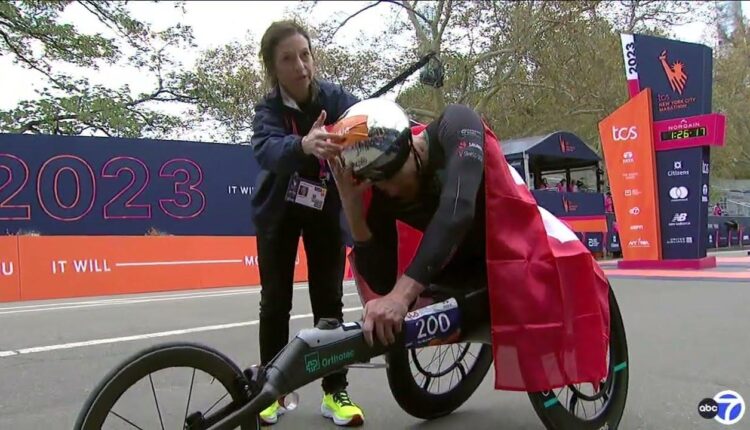 Watch Marcel Hug cross the finish line at the TCS NYC Marathon