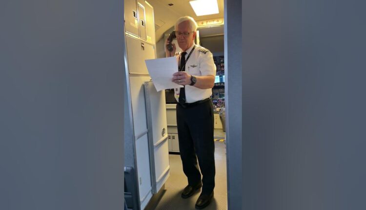 An American Airlines pilot gives an emotional speech before his final retirement flight