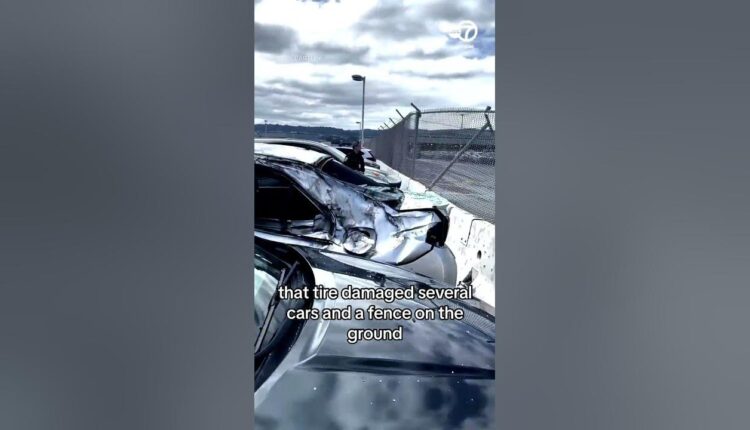 Tire falls off United flight after takeoff, crushing several vehicles in parking lot